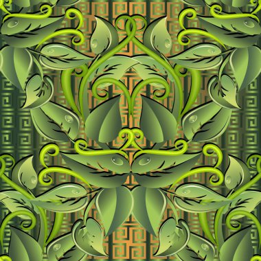 Yapraklı yeşil 3d Dikişsiz desen vektör. Süs geometrik Yunan arka plan. Desenli Kenarlıklar zemin yineleyin. Vintage elle çizilmiş çiçekler, yapraklar damla su, swirls ile. Yunan anahtar kıvrımlı