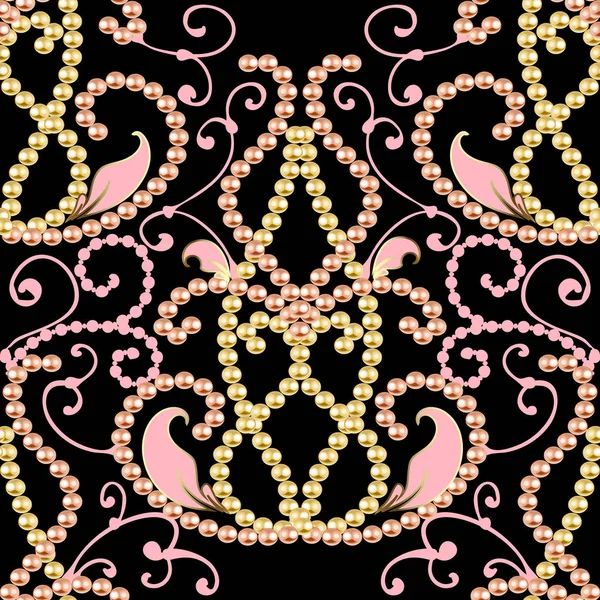 ヴィンテージ装飾 パール ネックレス ダマスクは シームレスなパターンをベクトルします ジュエリーは 描かれたペーズリー飾りを手します 優雅な花 まんじ ライン — ストックベクタ