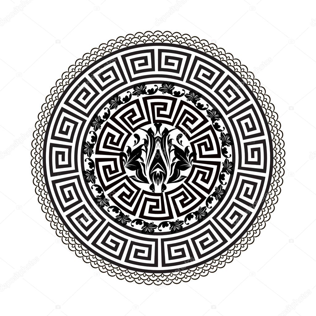 Greek vector black and white round mandala pattern. Ornamental  background with floral baroque frame. Geometric shapes, circles, waves. Vintage flowers, leaves. Greek key meanders mandala ornament