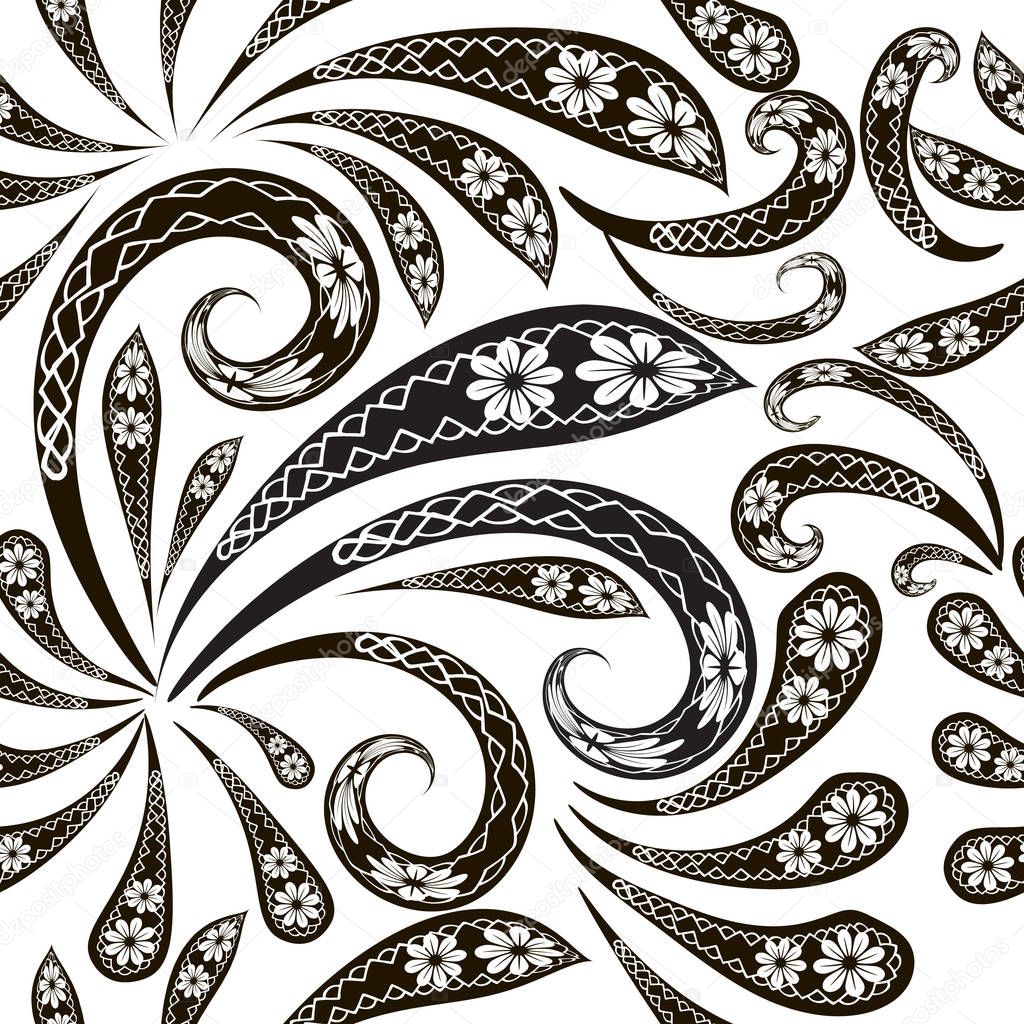 Vintage floral monochrome zig zag Paisley vector seamless pattern. Ornamental black and white ethnic style background. Ornate hand drawn line art tracery ornament with paisley flowers, leaves, zigzag