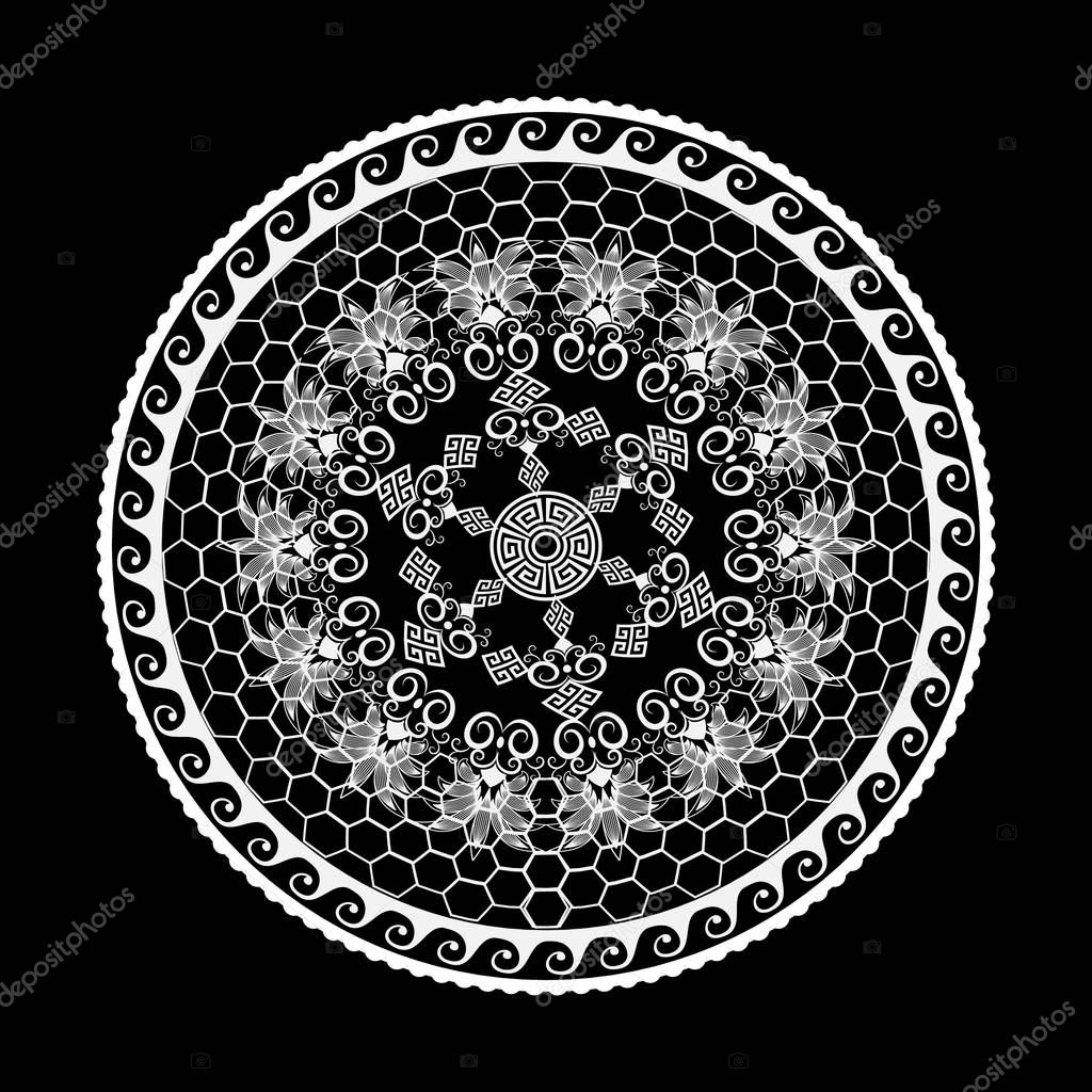 Greek vector black and white round mandala pattern. Ornamental modern lace background. Honeycomb backdrop. Geometric shapes, circles, waves, rhombus, grid. Vintage flowers, leaves. Greek key meanders.