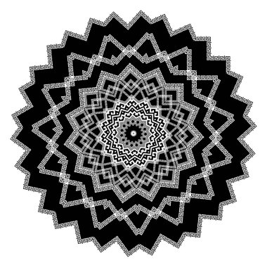 Yunan yuvarlak siyah beyaz mandala desen. Vektör tasarımı. Yunan anahtar daire süsleme geometrik şekiller, zigzag, rhombus kıvrımlı. Dekoratif izole mandala arka plan. Etnik kabile stili.