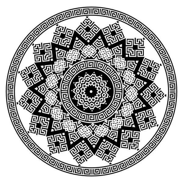 Patrón Mandala Vector Redondo Griego Diseño Blanco Negro Llave Griega — Vector de stock