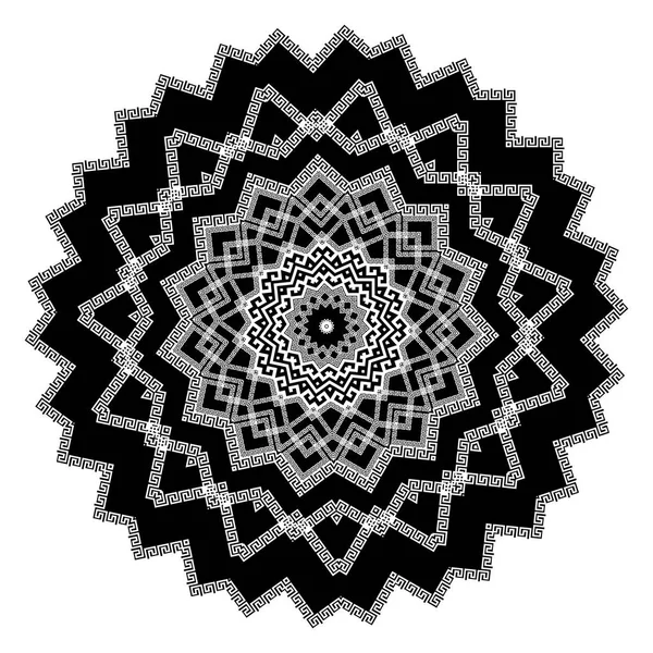 Yunan yuvarlak siyah beyaz mandala desen. Vektör tasarımı. Yunan anahtar daire süsleme geometrik şekiller, zigzag, rhombus kıvrımlı. Dekoratif izole mandala arka plan. Etnik kabile stili.
