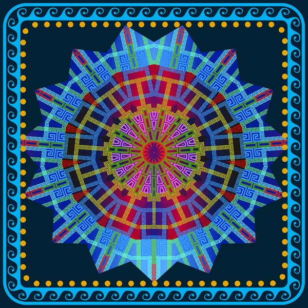 Греческая Красочная Круглая Мандала Квадратная Декоративная Волна Геометрический Векторный Фон — стоковый вектор