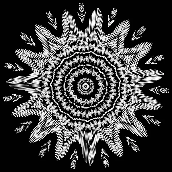 Siyah Beyaz Çiçek Nakış Mandala Desen Dekoratif Yuvarlak Etkisi Dikişli — Stok Vektör