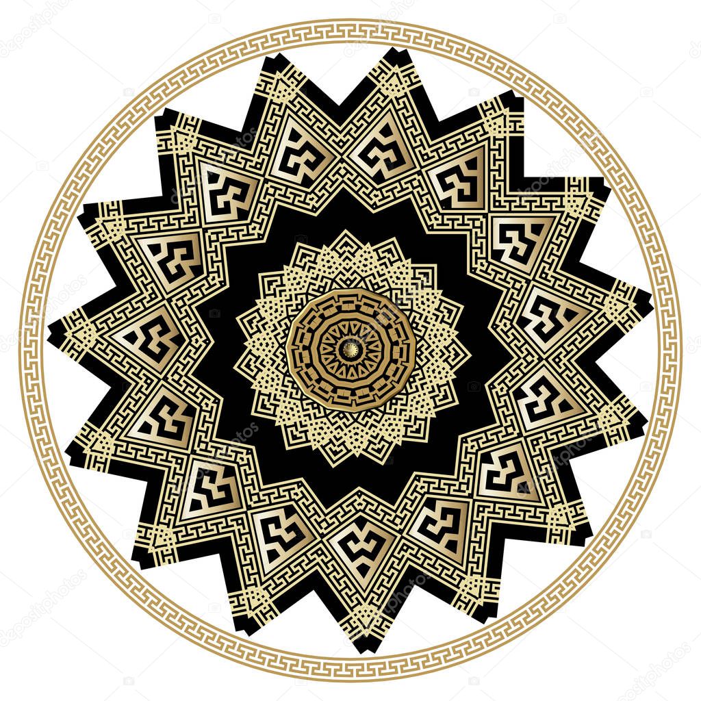 Gold and black ornate greek vector mandala pattern. Round greek key meander isolated ornament. White background. Geometric ethnic tribal style decorative design. Zigzag shapes, rhombus, lines, circles