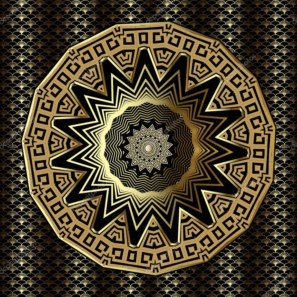 Gold 3d greek vector mandala pattern. Ornamental geometric lace grid textured background. Greek key meanders round ornament with zigzag, radial lines, shapes, circles. Surface  ornate tribal design.