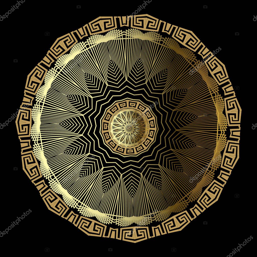 Gold 3d floral greek vector mandala pattern. Ornamental geometric background. Textured greek key meanders ornament with zigzag radial lines, shapes, flowers, circles. Surface elegance ornate design.