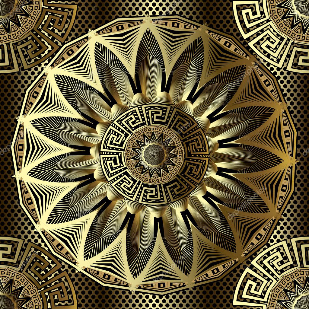 Gold 3d floral greek vector seamless mandala pattern. Geometric lace grid background. Textured greek key meanders ornament with zigzag radial lines, shapes, flowers, circles. Surface  ornate design.