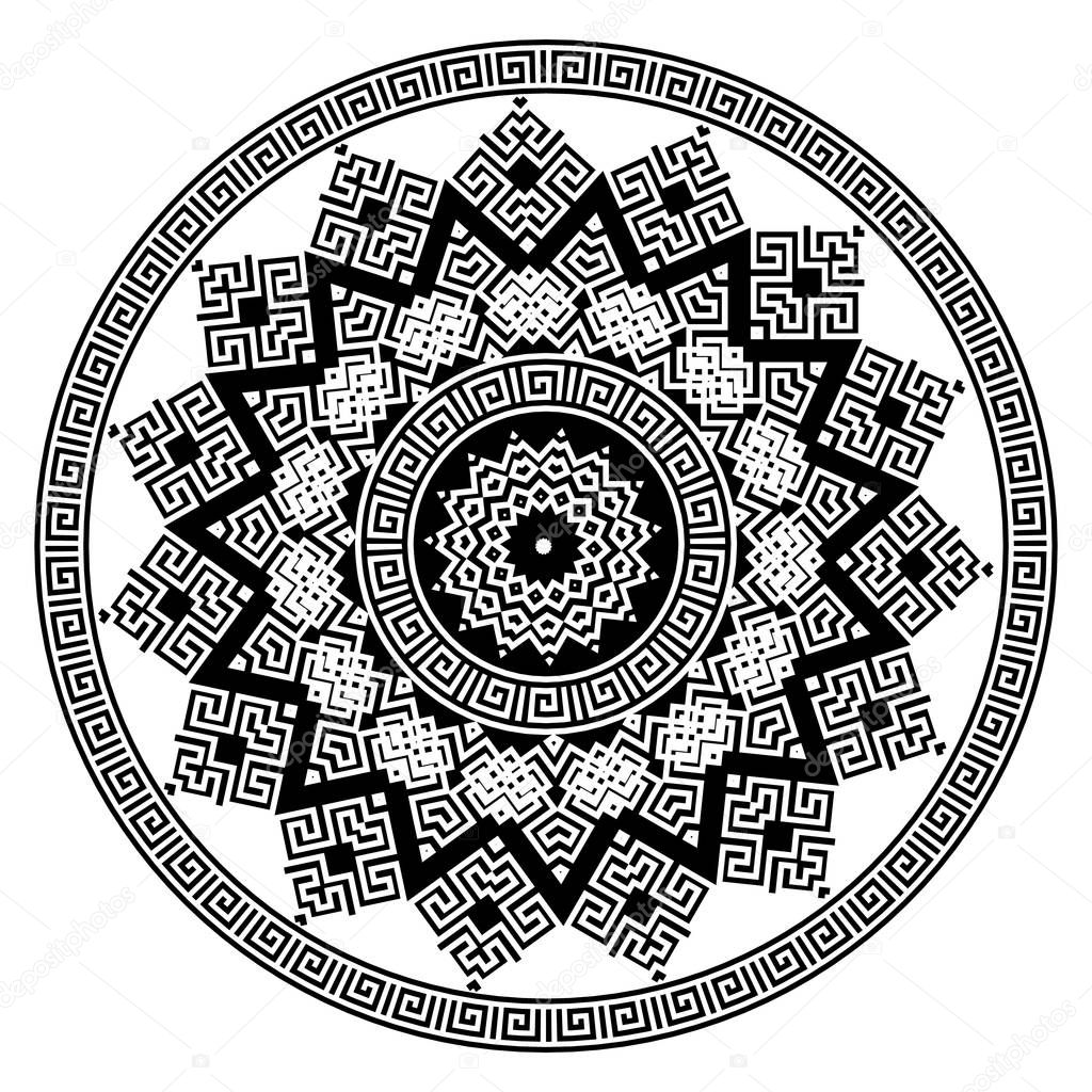 Greek round vector mandala pattern. Black and white design. Greek key meanders circle ornament with geometric shapes, zigzag, rhombus. Decorative isolated mandala background. Ethnic tribal style.