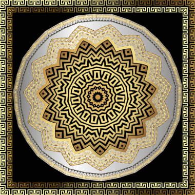 Süs vektör yuvarlak mandala desen. Çiçek arka plan. Geometrik Yunan anahtar kare kare ile daire antik süsleme kıvrımlı. Zikzak şekiller, çizgiler, dalgalar. Zarif dekoratif mandala tasarım