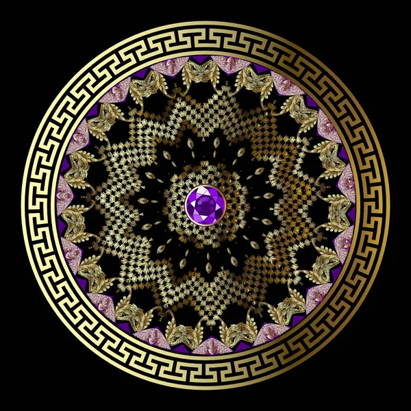 珠宝花圆希腊格格格曼陀罗图案 华丽的刺绣花 带有紫罗兰色的宝石 希腊语键符时装饰 几何挂毯形状 豪华装饰向量背景 — 图库矢量图片