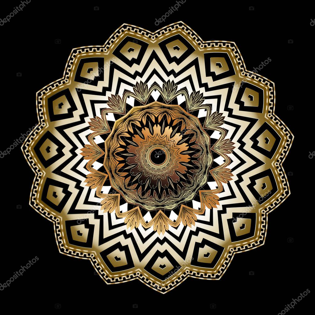 3d Baroque vector round zigzag mandala pattern. Ornamental floral background. Geometric greek key meanders circle zig zag ornament. Gold flowers, leaves. Elegance luxury decorative baroque design