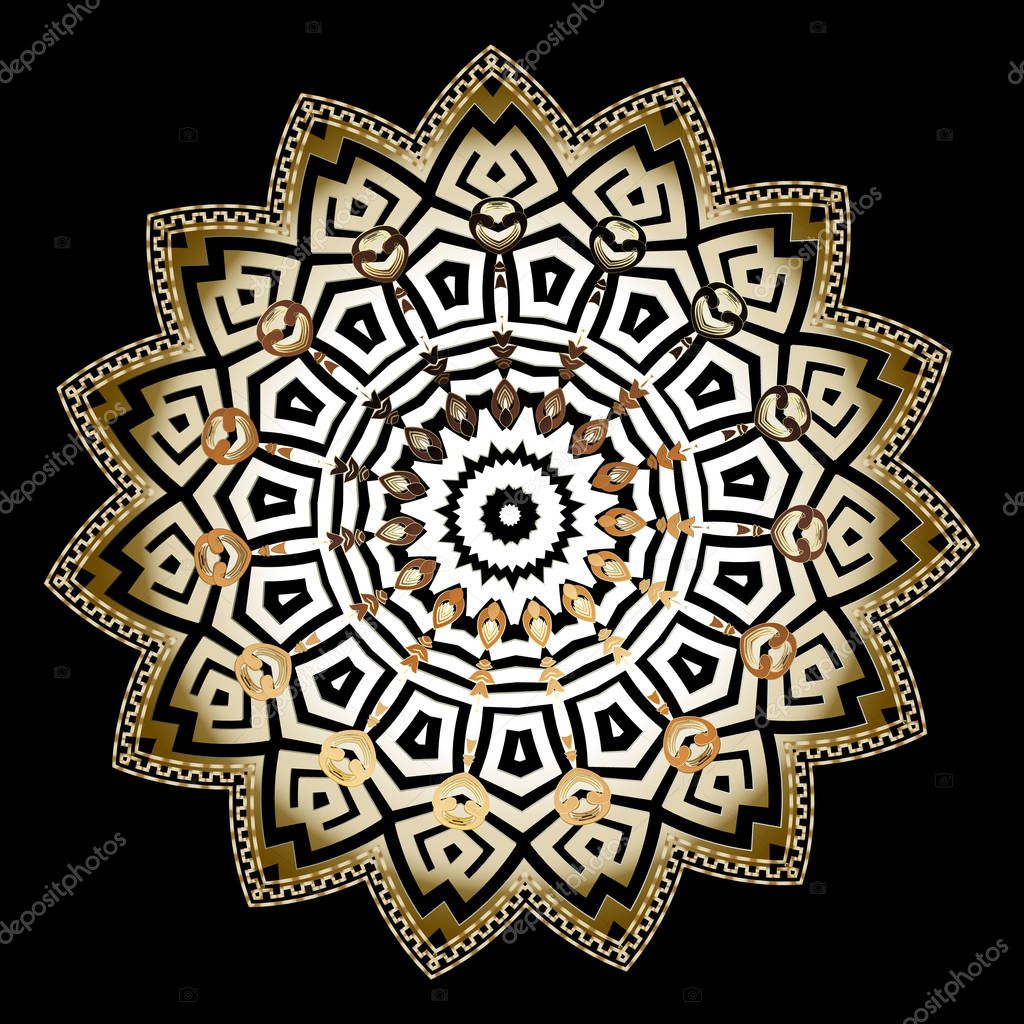 Ornate round greek vector mandala pattern. Floral greek key meander  ornament. Black background. Geometric ethnic tribal style decorative design. Zigzag shaped frame, flowers,  rhombus, lines, circles