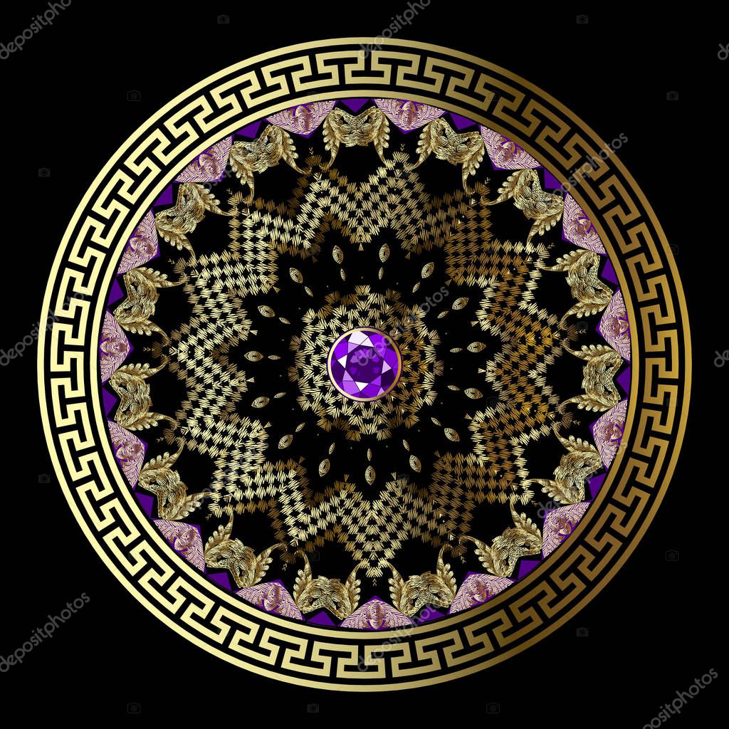 Jewelry floral round greek grunge mandala pattern. Ornate embroidery flowers with violet gemstone. Greek key meanders ornament. Geometric tapestry shapes, lines. Luxury decorative vector background