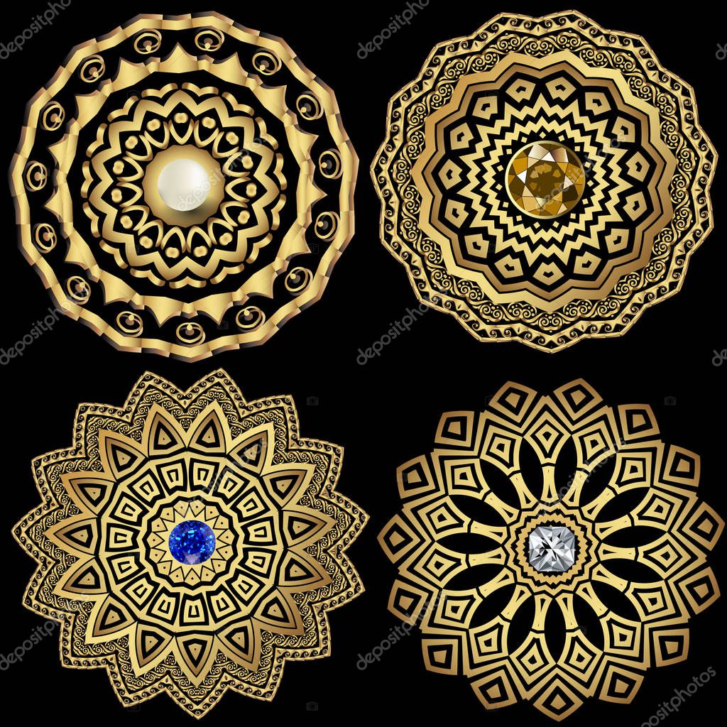 Jewelry round greek vector mandala patterns set. Floral greek key meander  ornaments. Geometric ethnic tribal style  background. Jewellery gemstones, brilliant, pearls, diamond. Vintage ornate design