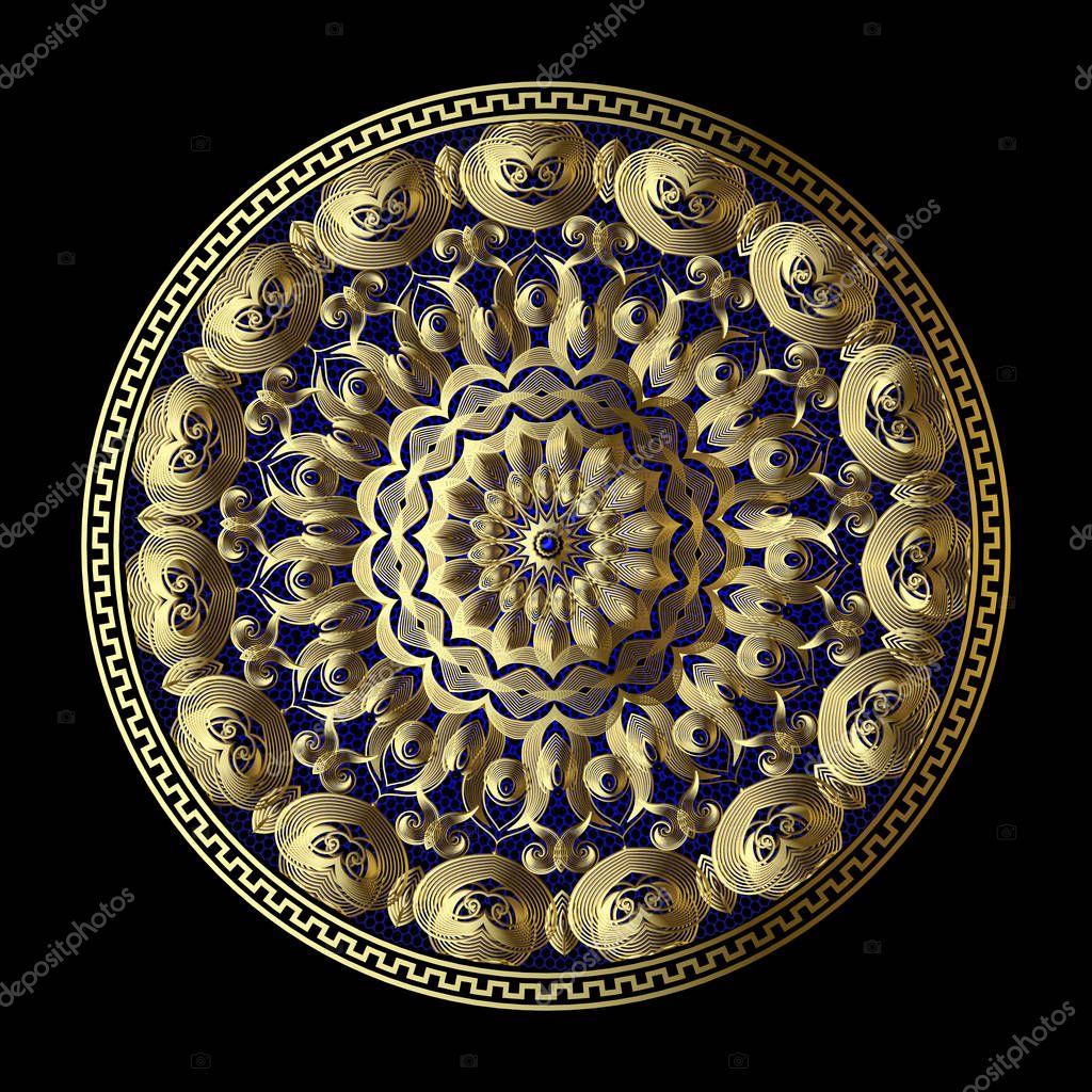 Gold lacy greek vector 3d mandala pattern. Round lace floral background. Vintage ethnic style design. Gold Paisley flowers, leaves, geometric shapes, lines. Textured ornate greek key meanders ornament