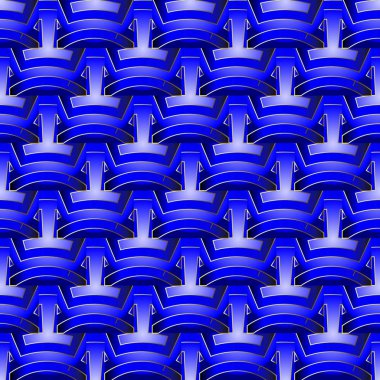 Parlak mavi soyut geometrik 3d vektör seamless modeli. Yüzeyi dekoratif arka plan dokulu. Örgülü geometrik şekiller, çizgiler, eğriler. Dekoratif zemin yineleyin. Kiremitli yaratıcı süsler.