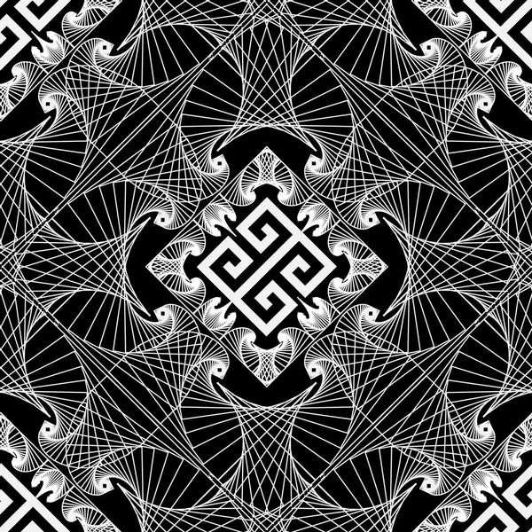 Geometrik Çizgi Sanat Oyma Yunan Vektör Sorunsuz Mandala Deseni Siyah — Stok Vektör
