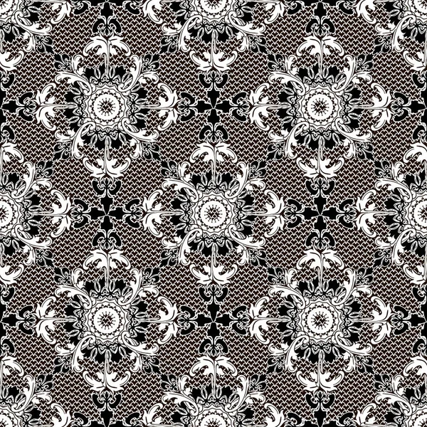 Encaje texturizado blanco y negro vector barroco patrón sin costuras. O — Vector de stock