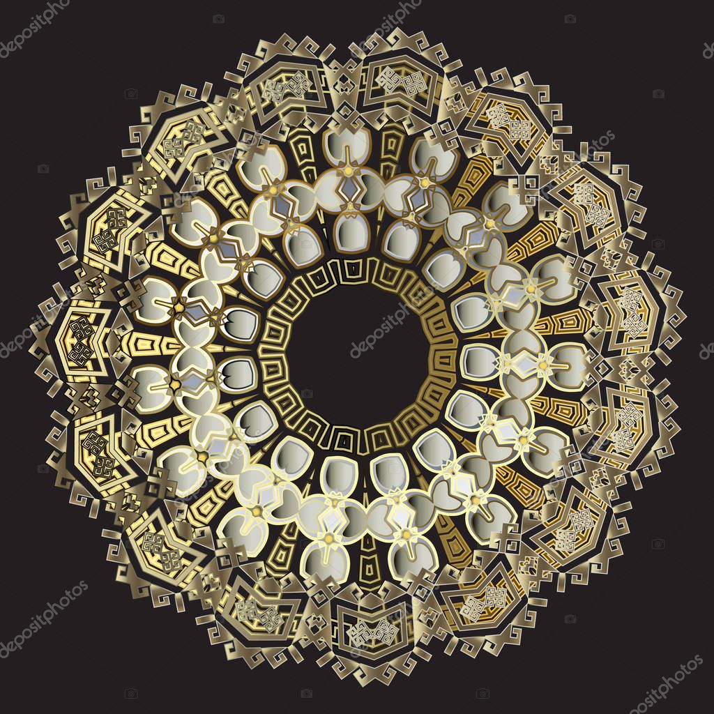 Tribal ancient gold greek vector mandala pattern. Ornate geometric background. Round modern greek key meanders ornament. Abstract backdrop. Geometry shapes, lines, circles, zigzag. Ornamental design