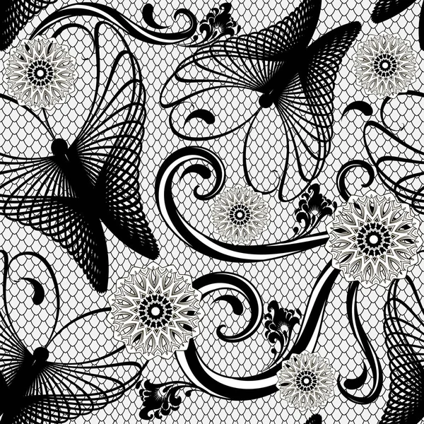 Abstracto fractal línea arte mariposas vector patrón sin costura. E — Vector de stock