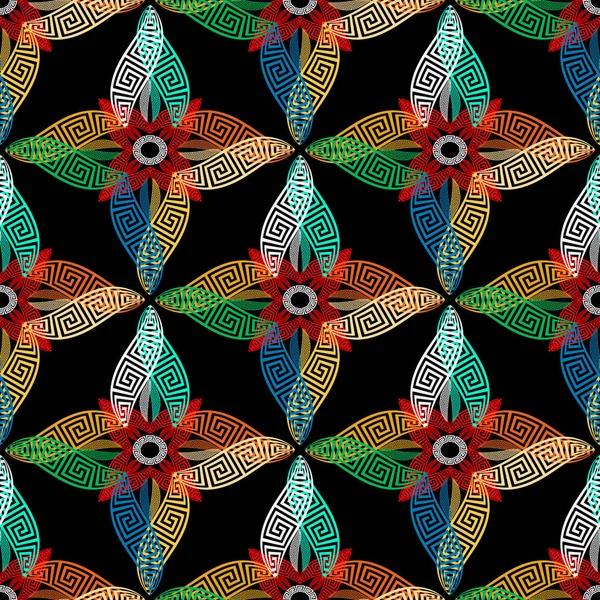 Geométrico patrón sin costura vector griego colorido. Flora abstracta — Vector de stock