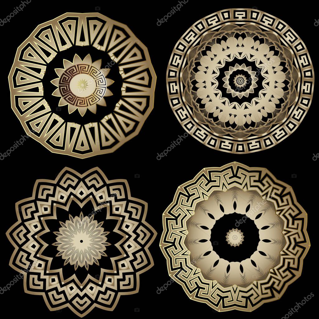 Greek ornamental vector round mandala patterns set. Floral ornate background. Geometric greek key meanders ancient ornaments.  Decorative gold elegance mandalas for design, fabric, prints, wallpapers
