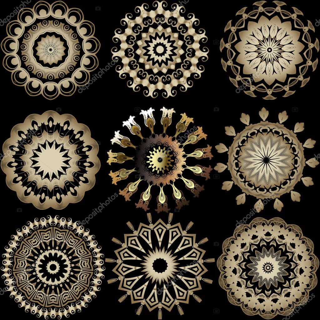 Greek ornamental vector round mandala patterns set. Floral ornate background. Geometric greek key meanders ancient ornaments.  Decorative gold elegance mandalas for design, fabric, prints, wallpapers
