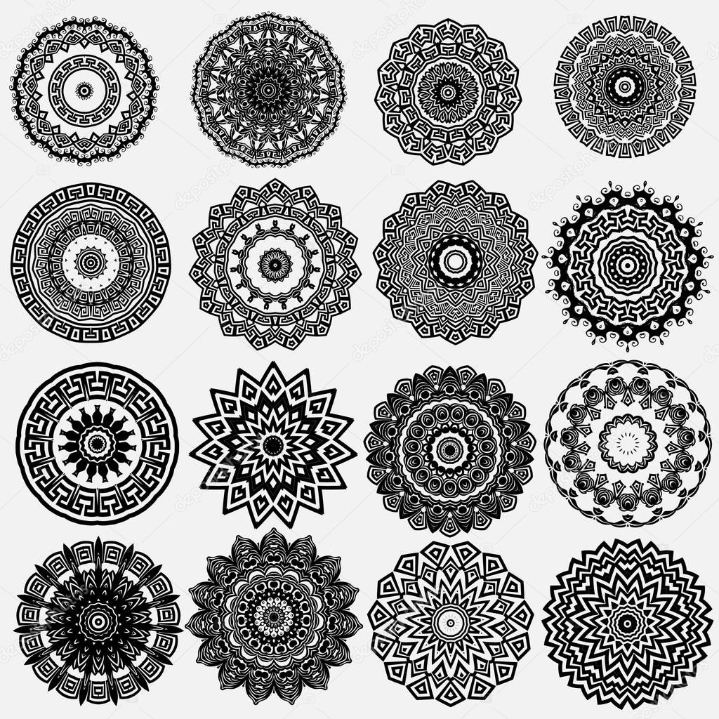 Greek ornamental black and white vector round mandala patterns set. Floral ornate background. Geometric greek key meanders ancient ornaments. Decorative mandalas for design, fabric, prints, wallpapers