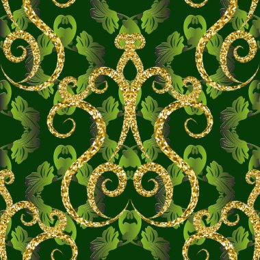 Altın parlak Vintage 3D vektör Dikişsiz desen. Koyu yeşil Orn