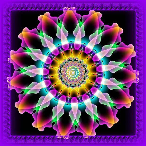 Glödande färgglada blommig grekisk runda 3D Mandala mönster. Vektor-o — Stock vektor