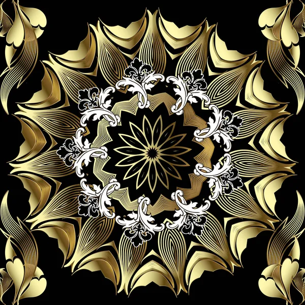 Ouro barroco floral 3d vetor sem costura padrão. Retrocesso ornamental — Vetor de Stock