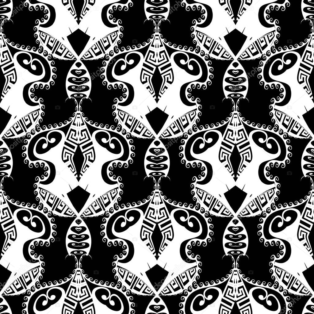 Greek black and white vector seamless pattern. Ornamental floral