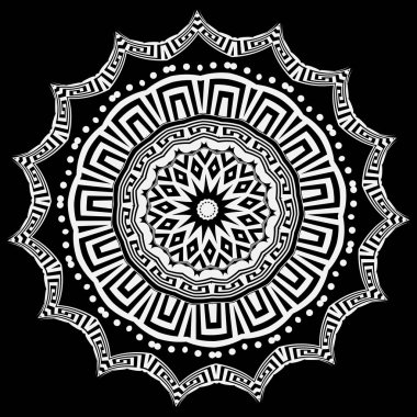 Yunan yuvarlak çiçek vektör Mandala desen. Siyah beyaz desig