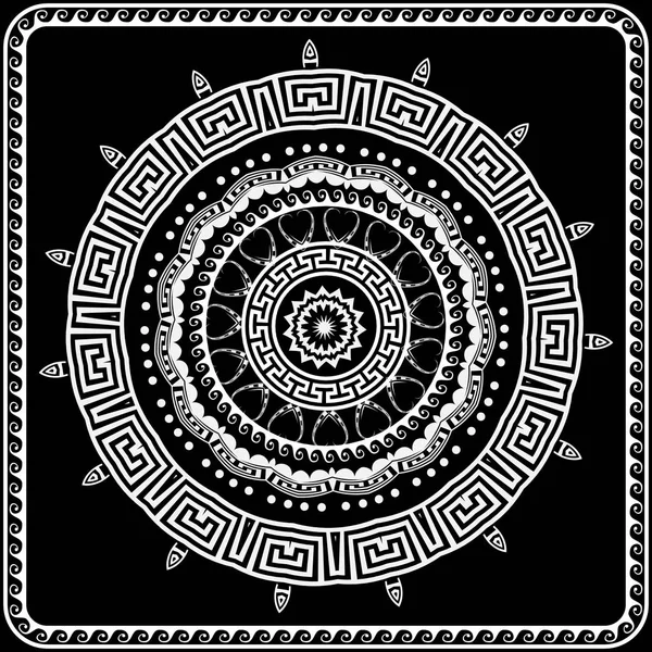 ギリシャの丸いベクトル曼荼羅パターン。黒と白のギリシャキー私 — ストックベクタ
