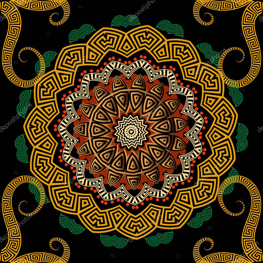 Greek colorful vector seamless mandala pattern. Greek key meanders circle ornament with geometric shapes, swirls, flowers, dots. Decorative mandala background. Ethnic tribal style ornate repeat design