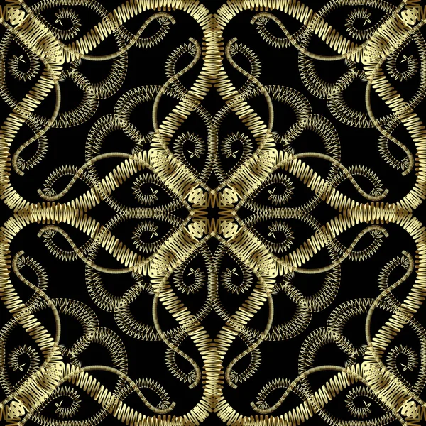 刺繍ゴールド花のベクトルのシームレスなパターン。テクスチャをステッチ — ストックベクタ