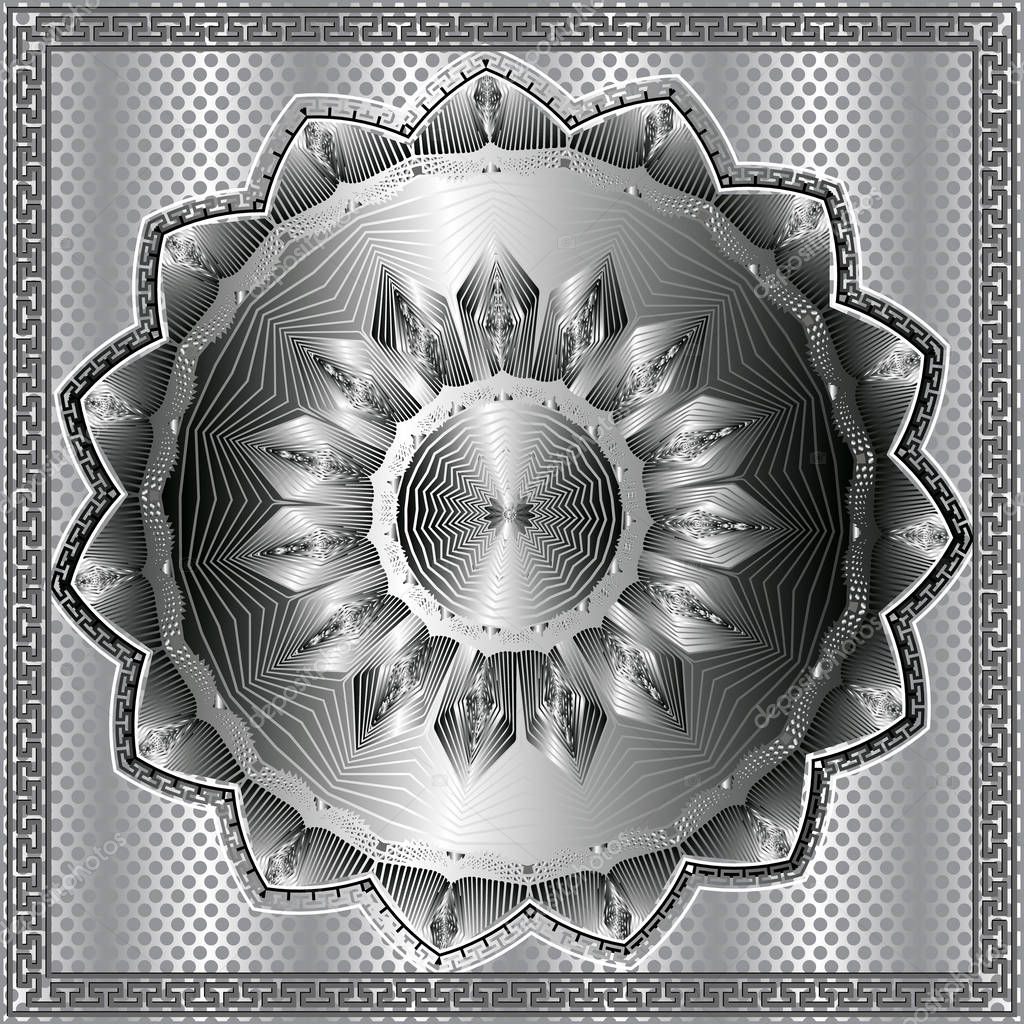 Ancient round silver 3d ornament. Vector meander pattern. Grid polka dot background. Modern line art mandala with greek key floral ornament. Ornamental design. Square frame. Geometric abstract texture