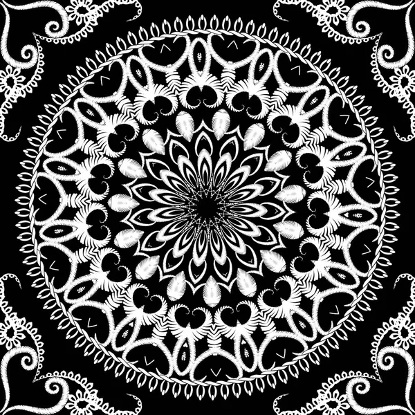 Zwart-wit borduurwerk floral naadloze mandala patroon. Tape — Stockvector