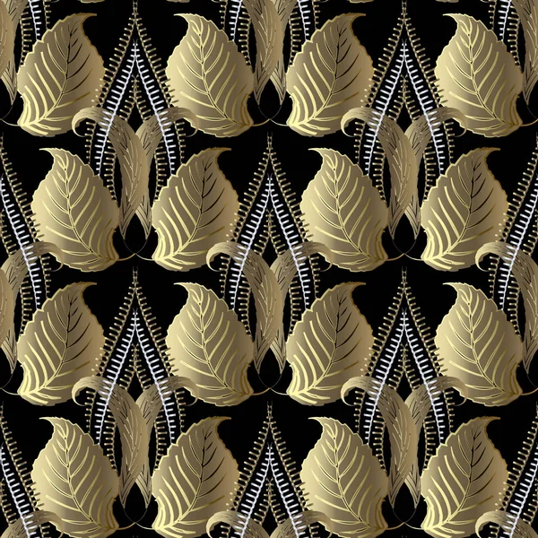 Folheado floral ouro 3d vetor padrão sem costura. Ornamental vintage — Vetor de Stock