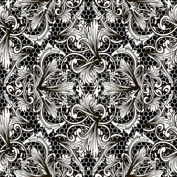 Μπαρόκ μαύρο και λευκό Floral διάνυσμα ομαλά μοτίβο. Στολίδι — Διανυσματικό Αρχείο