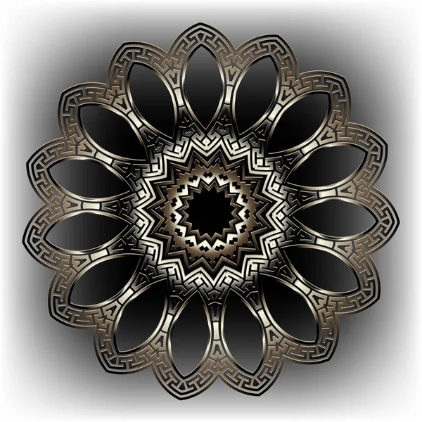 Griechischer Schlüssel schlängelt sich um 3d florales Mandala-Muster. Zierpflanze g — Stockvektor