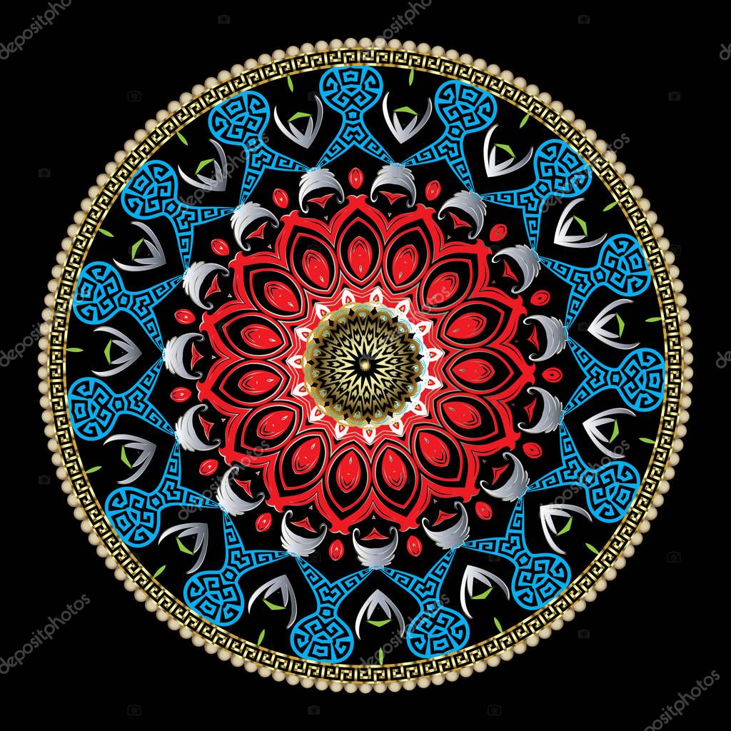 Colorful ornamental vintage greek mandala pattern. Vector patterned round floral ornament. Elegance beautiful abstract flowers, leaves, lines, shapes, dots. Circle dotted frame. Greek key meanders.