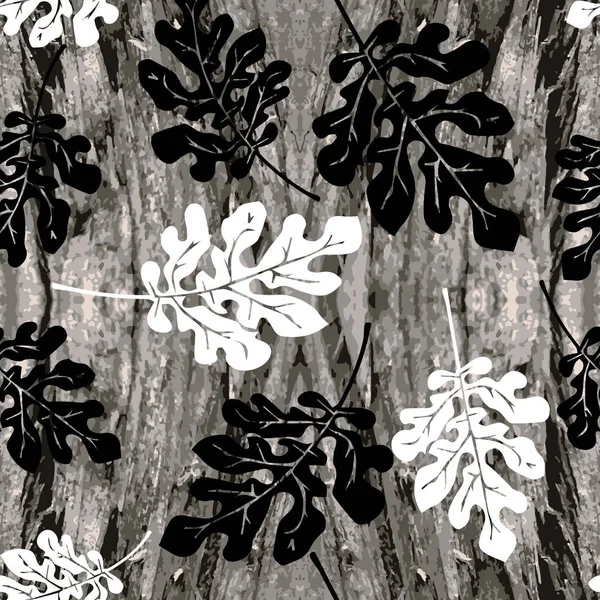 Eichenblätter schwarz und weiß Vektor nahtlose Muster. Texturierte Mon — Stockvektor
