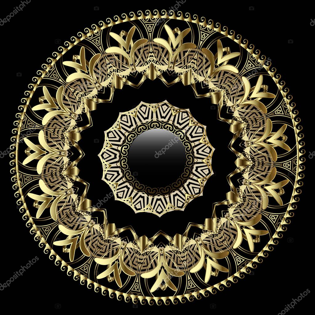 Ornate gold 3d greek vector mandala pattern with floral ornament. Antique style golden flowers, leaves. Ancient greek key, meanders. Modern decorative design. Elegance rich surface texture. Plate.