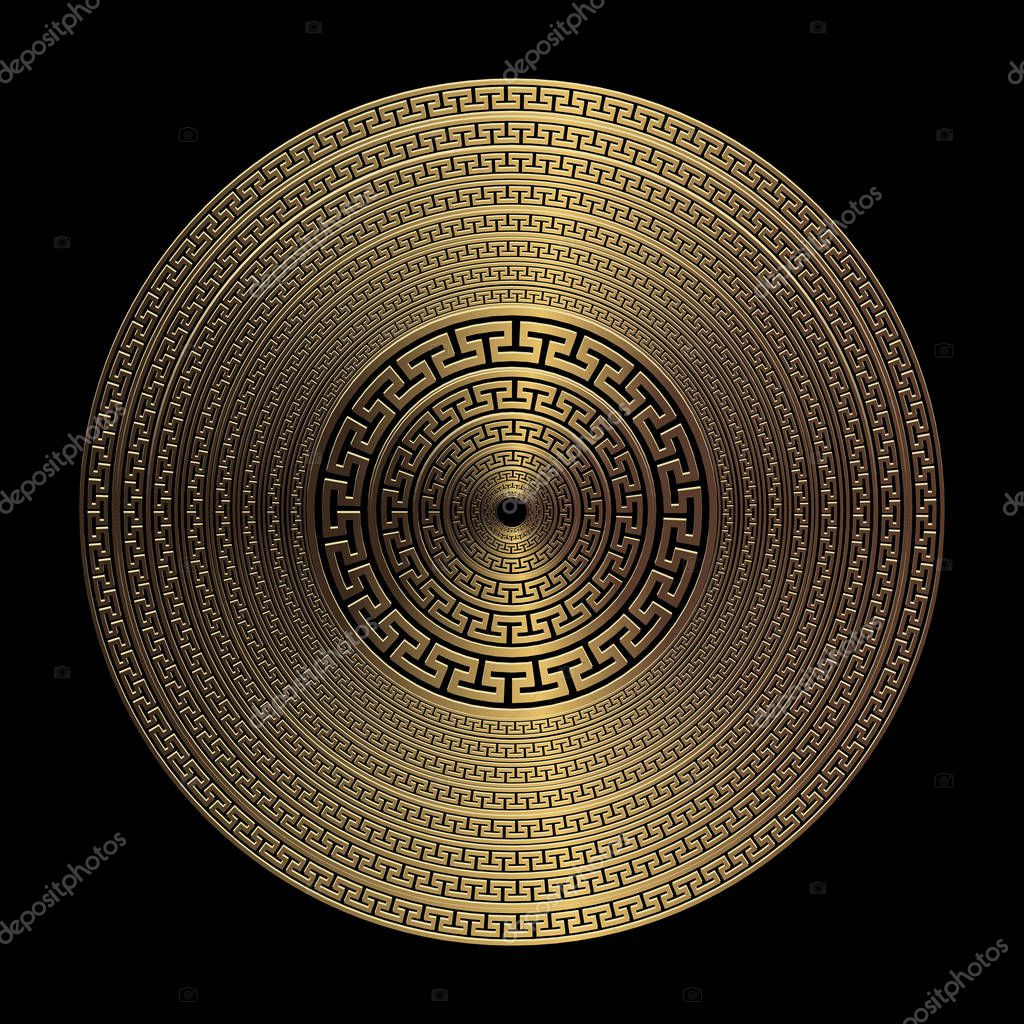 Gold 3d geometric greek vector round mandala pattern. Ornamental textured abstract plate background. Surface vibrant radial texture. Ancient greek key meander illusion ornament. Metallic golden design