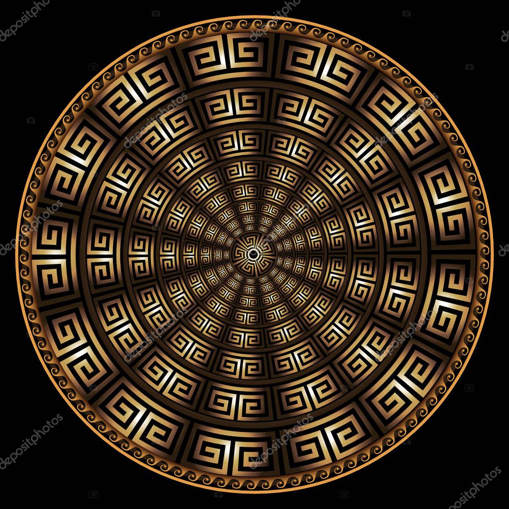 Modern 3d geometric greek vector round mandala pattern. Ornamental textured abstract background.  Surface vibrant radial texture. Ancient greek key meanders illusion circle ornament. Geometric design