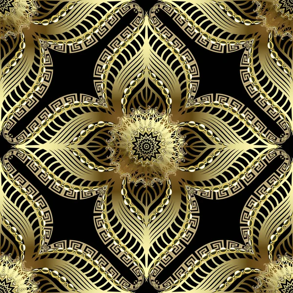 Oro adornado 3d vector floral patrón sin costuras. Griego ornamental — Archivo Imágenes Vectoriales
